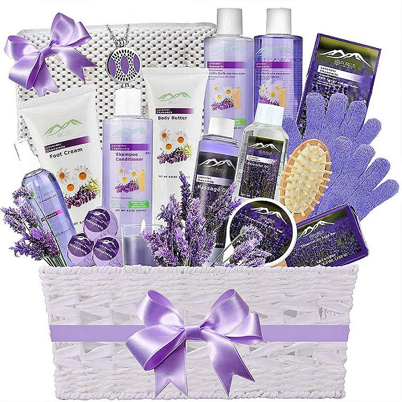 Purelis - Deluxe Lavender & Chamomile 22-Piece Bath Gift Basket, Necklace, Spa Pillow Image