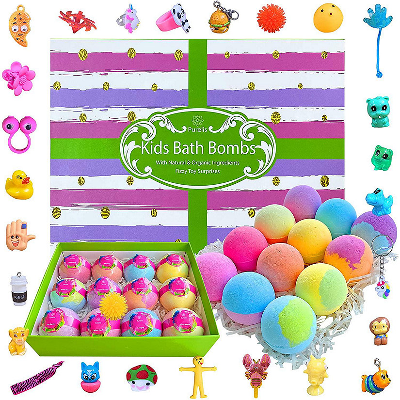 Purelis Natural 12 Bath Bombs for Kids with Toys Inside! Gift Set for Boys & Girls! Safe Ingredients Image