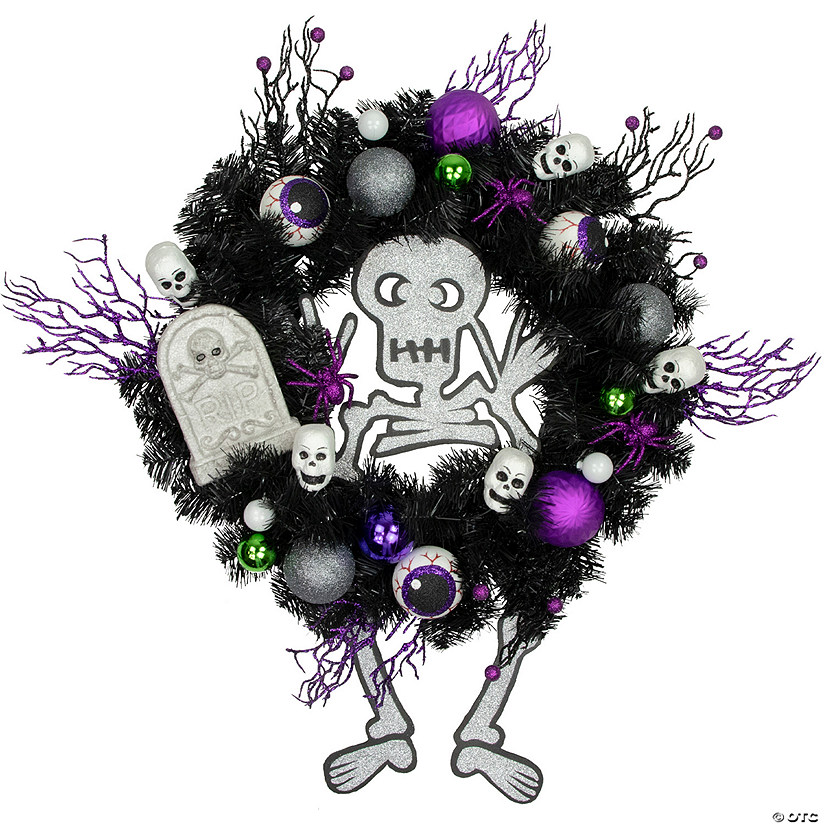 Purple and Black Spooky Skeleton Pine Halloween Wreath  24-Inch  Unlit Image