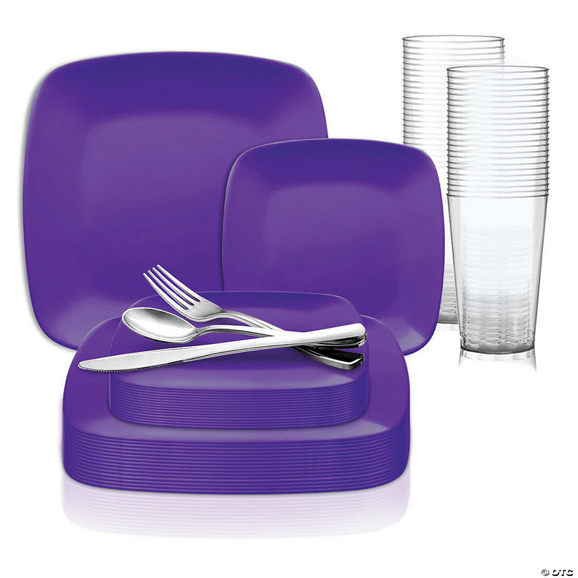 Purple Flat Rounded Square Disposable Plastic Dinnerware Value Set (20 Settings) Image