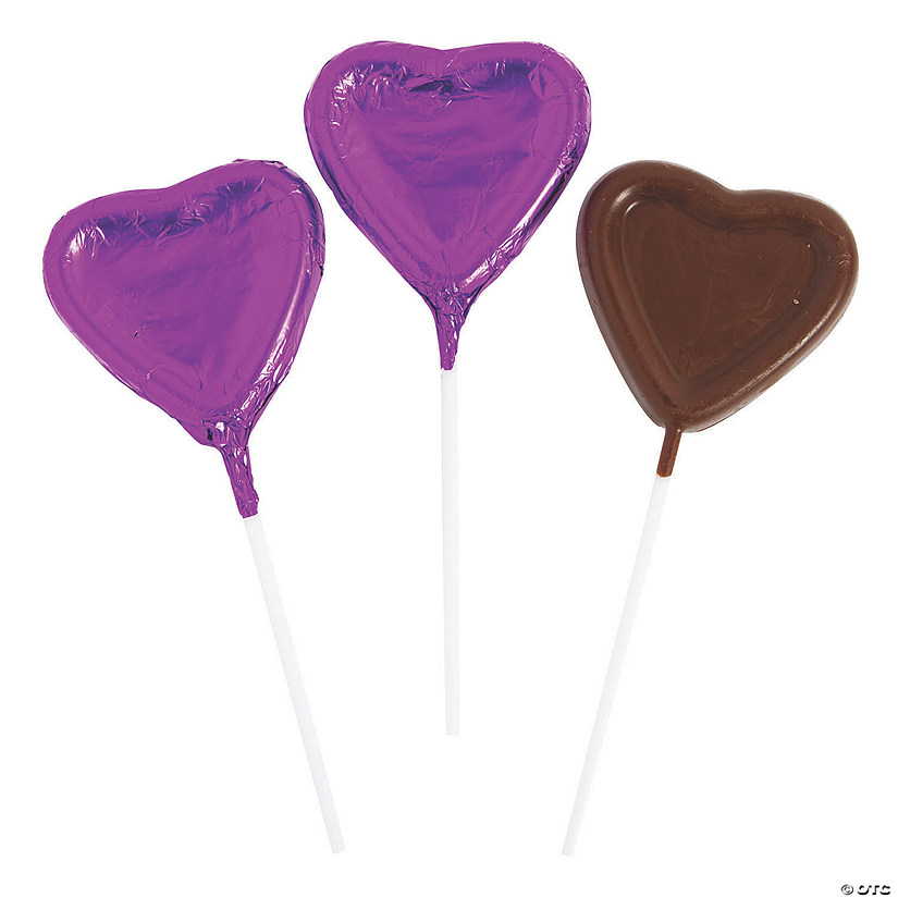 Purple Foil-Wrapped Chocolate Heart Lollipops Image
