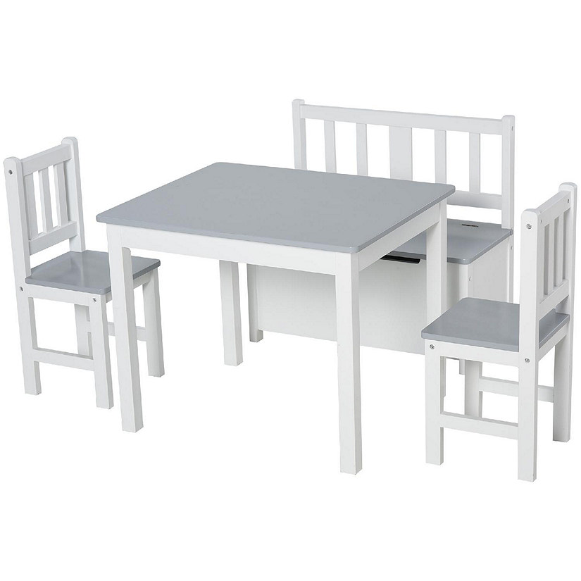 Qaba 4 Piece Kids Table Set 2 Wooden Chairs 1 Storage Bench and Interesting Modern Design Grey/White Image