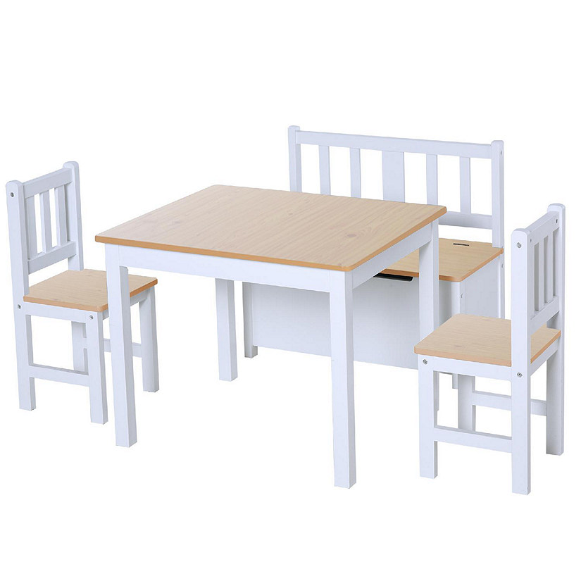 Qaba 4 Piece Kids Table Set 2 Wooden Chairs 1 Storage Bench and Interesting Modern Design Natural/White Image