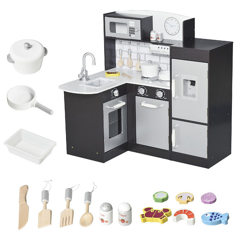 Qaba Black Kids Kitchen Play Cooking Toy Set for Children with Drinking Fountain Microwave and Fridge with Accessories Image