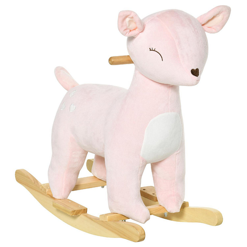 Qaba Kids Plush Ride On Rocking Horse Deer shaped Plush Toy Rocker with Realistic Sounds for Child 36 72 Months Pink Image
