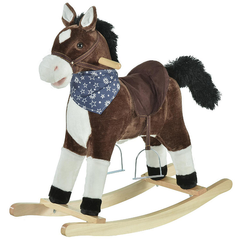 Qaba Kids Plush Ride On Rocking Horse Toy Cowboy Rocker with Fun Realistic Sounds for Child 3 6 Years Old Brown Image