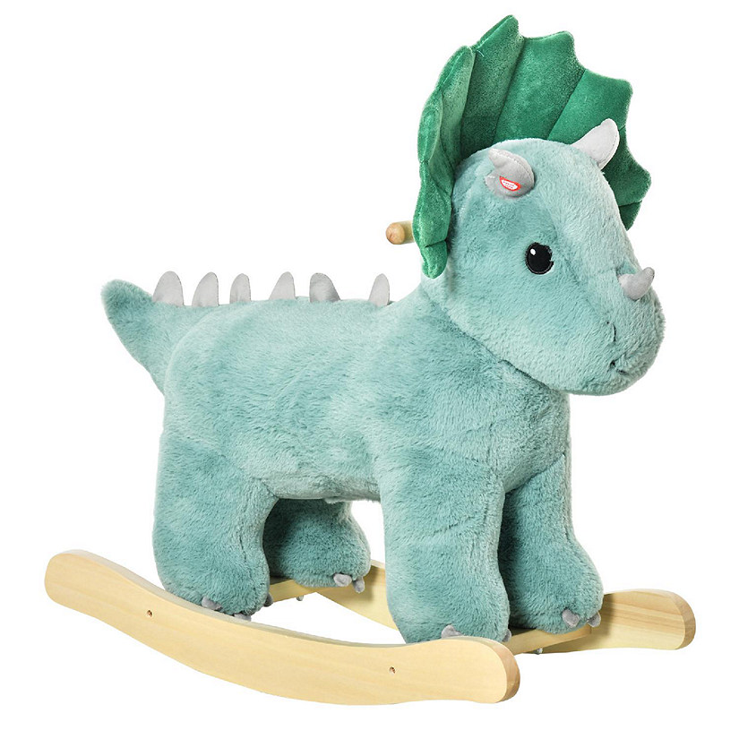 Qaba Kids Plush Ride On Rocking Horse Triceratops shaped Plush Toy Rocker with Realistic Sounds for Child 36 72 Months Dark Green Image
