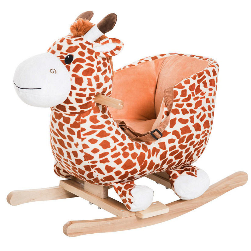 Qaba Kids Plush Rocking Horse Giraffe Style Themed Ride On Chair Toy With Sound Brown Image