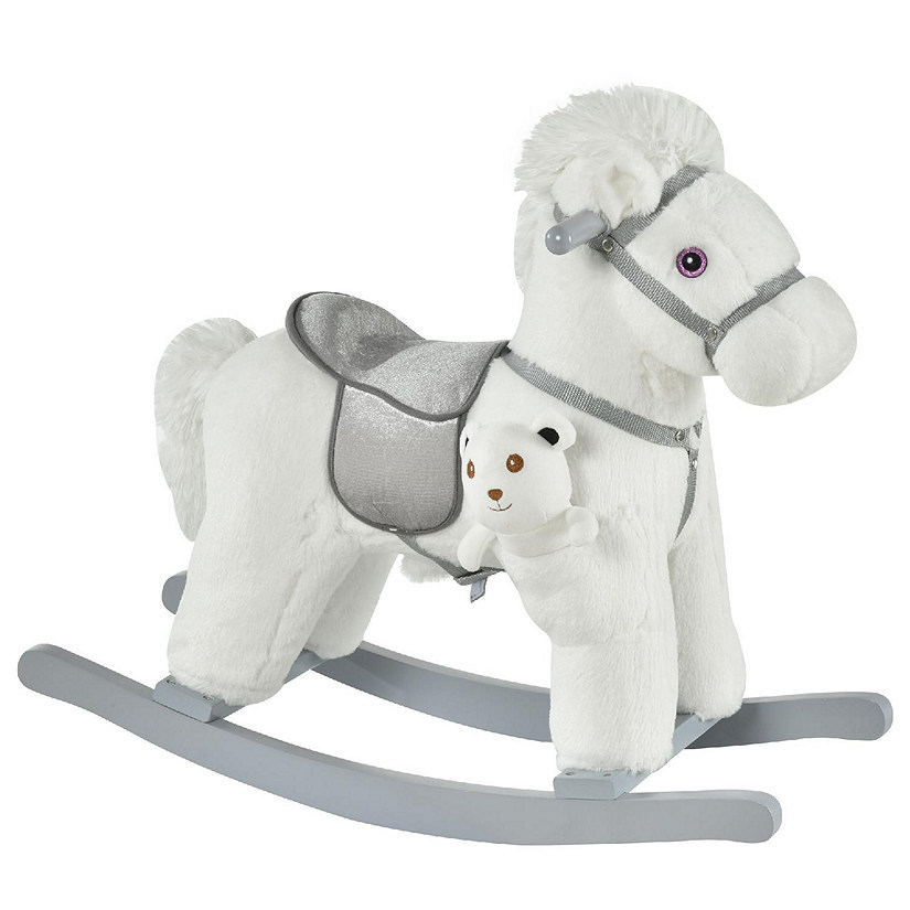 Qaba Kids Plush Rocking Horse with Bear Toy w/ Sounds White Image
