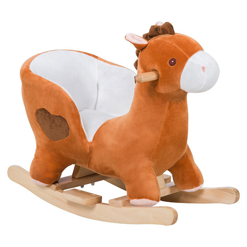 Qaba Kids Ride On Rocking Horse Plush Animal Toy Sturdy Wooden Rocker with Songs for Boys or Girls Image