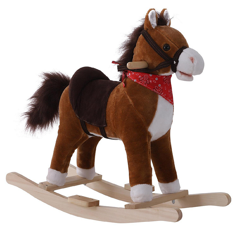 Qaba Kids Ride on Rocking Horse Plush Toy with Realistic Sounds and Red Scarf for Over 3 Years Old Birth Gift Image