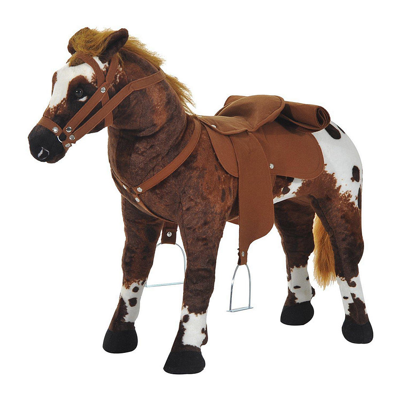 Qaba Kids Standing Ride On Horse Toddler Plush Interactive Toy with Sound  Dark Brown/White Image