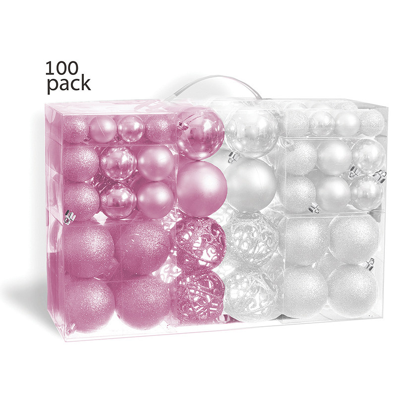 R N' D Toys 100 Pink and White Christmas Ornament Balls with Hooks Image