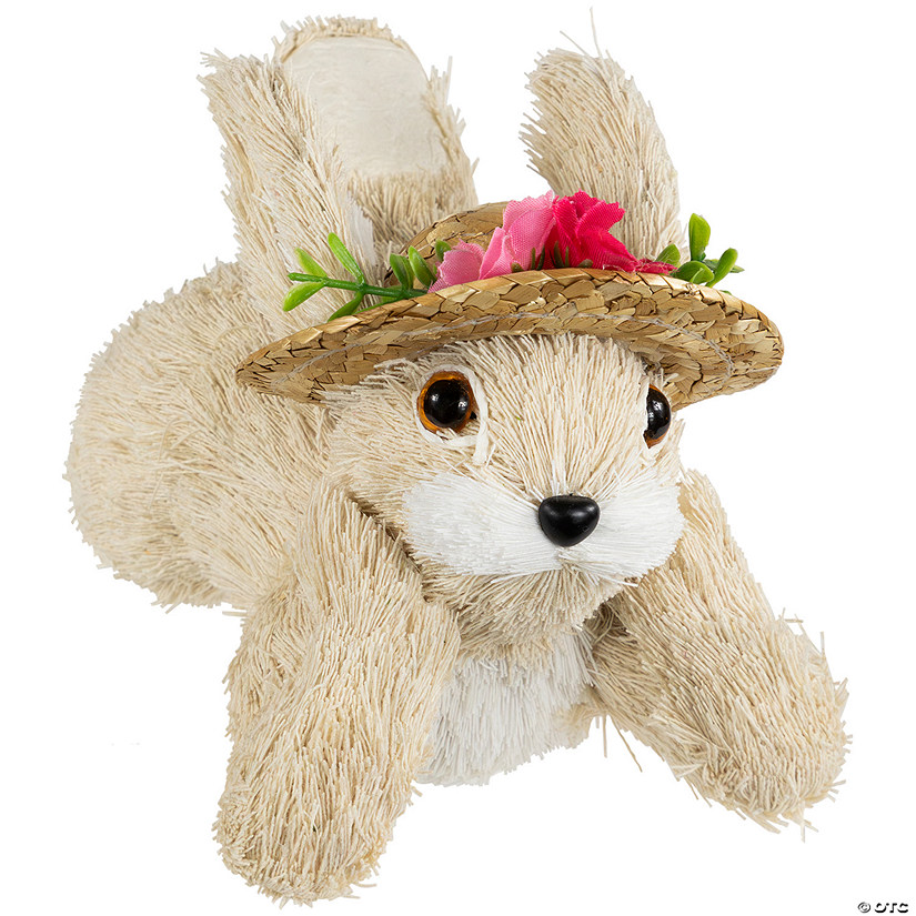 Rabbit with Floral Straw Hat Easter Figurine - 8.75" - Beige Image