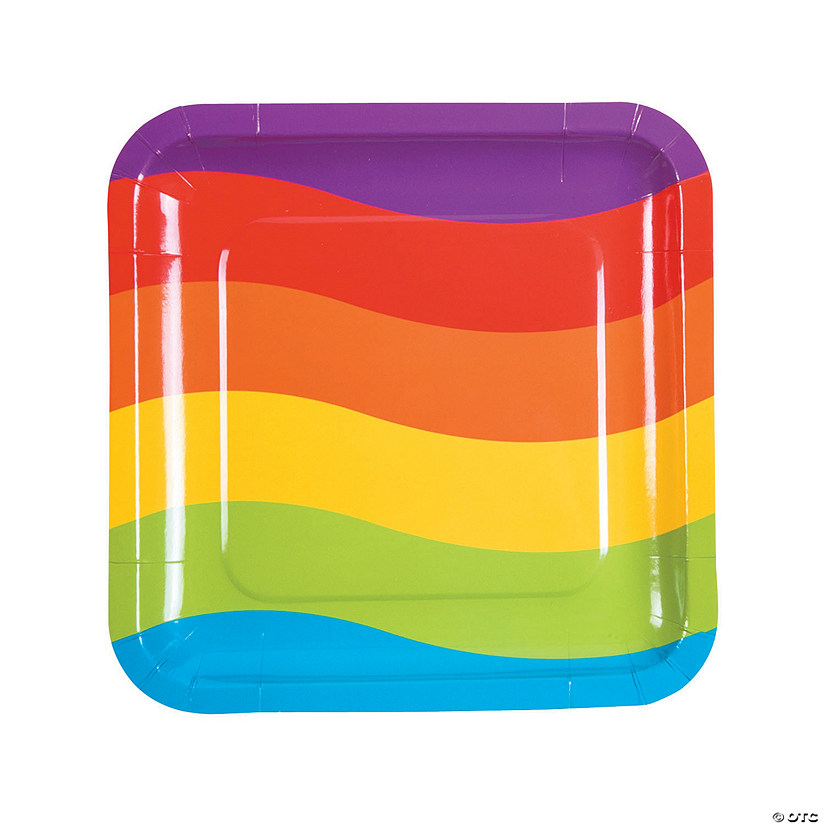 Rainbow Party Color Stripes Square Paper Dinner Plates - 8 Ct. Image