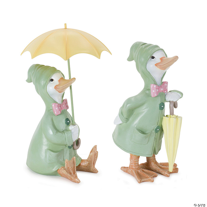 Raincoat Duck Figurine With Umbrella (Set Of 2) 9.5"H, 10.75"H Resin Image