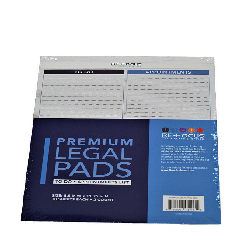 RE-FOCUS THE CREATIVE OFFICE, Professional To do and Appointment list pad, Legal size, 2 pack, 30 sheets each / Blue Image