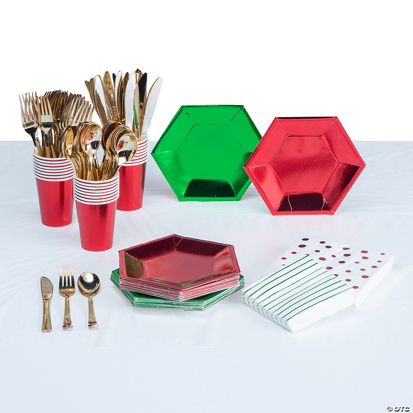 Red & Green Metallic Tableware Kit for 24 Image