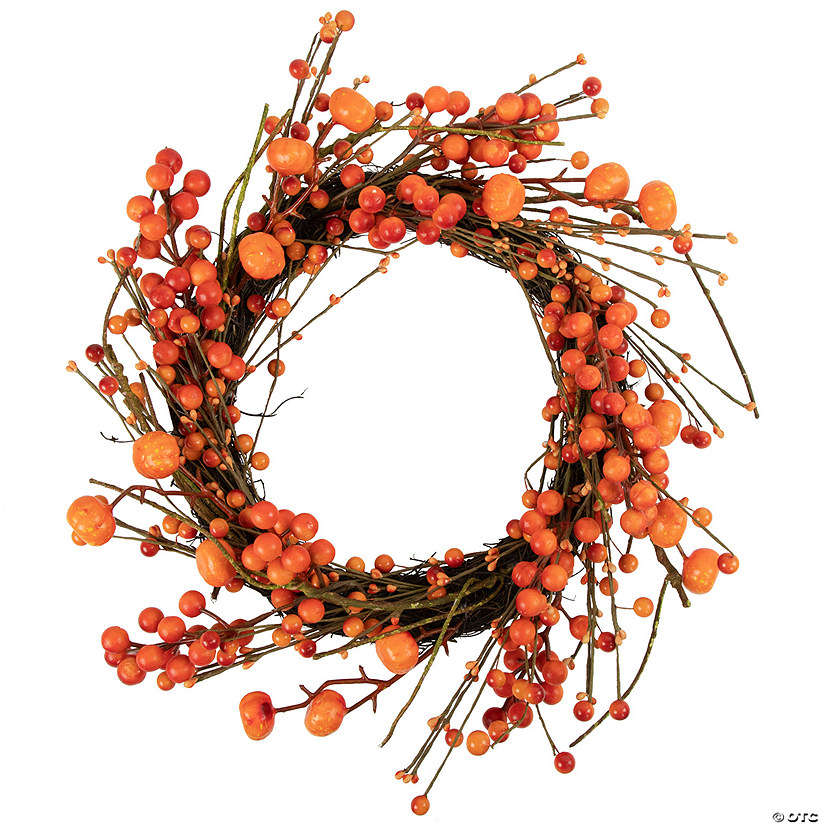 Red and Orange Berries with Mini Pumpkins Fall Harvest Wreath  20-Inch  Unlit Image