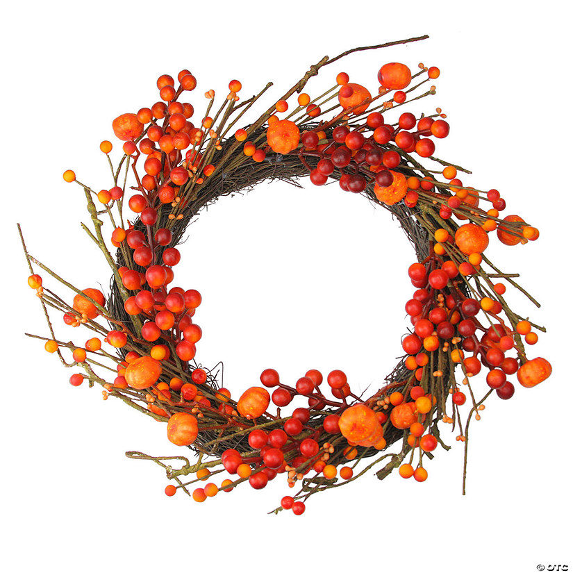 Red and Orange Fall Berry and Mini Pumpkin Artificial Thanksgiving Wreath - 20-Inch  Unlit Image