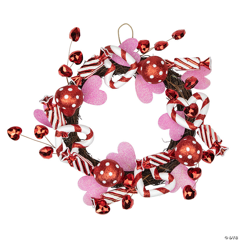 Red and White Candies and Hearts Valentine's Day Wreath  16-Inch  Unlit Image