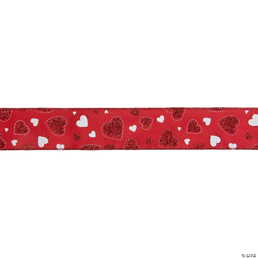 Red and White Glitter Hearts Valentine's Day Wired Craft Ribbon 2.5" x 10 Yards Image