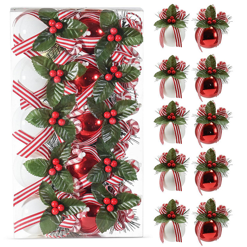 Red and White Ornaments - Shiny Red and White Ball Ornament with Realistic Holly Leaf and Red Cranberry Berries Image