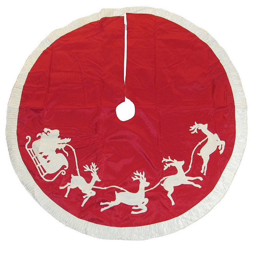 Red and White Santa Sleigh Embroidered Tree Skirt 50 Inch TS0155 New Image