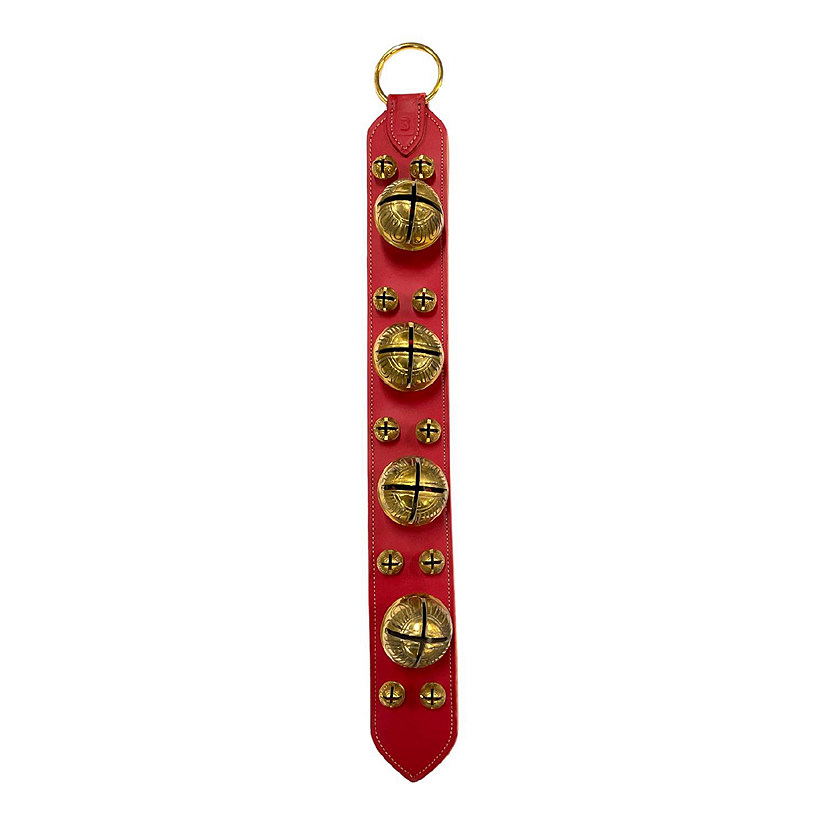 Red Banister Strap and Solid Brass Bells Natural Leather Sleigh Bell Door Hanger Image