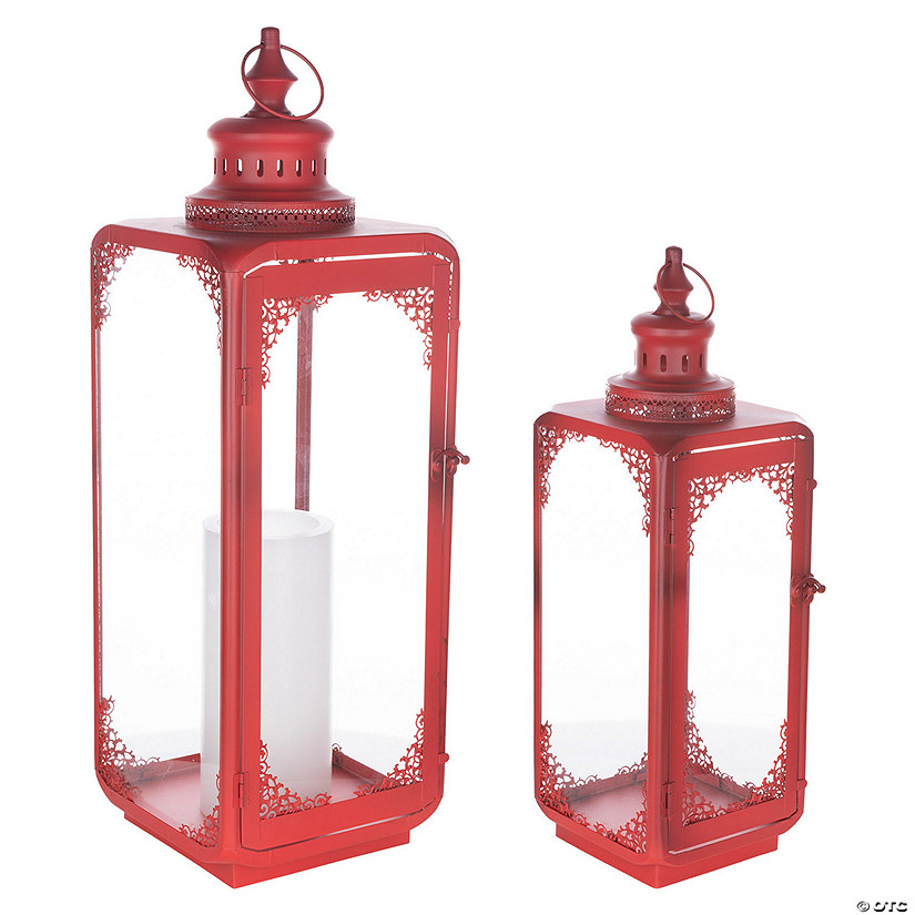 Red Ornate Curved Metal Lantern (Set Of 2) 18"H, 24"H Metal Image