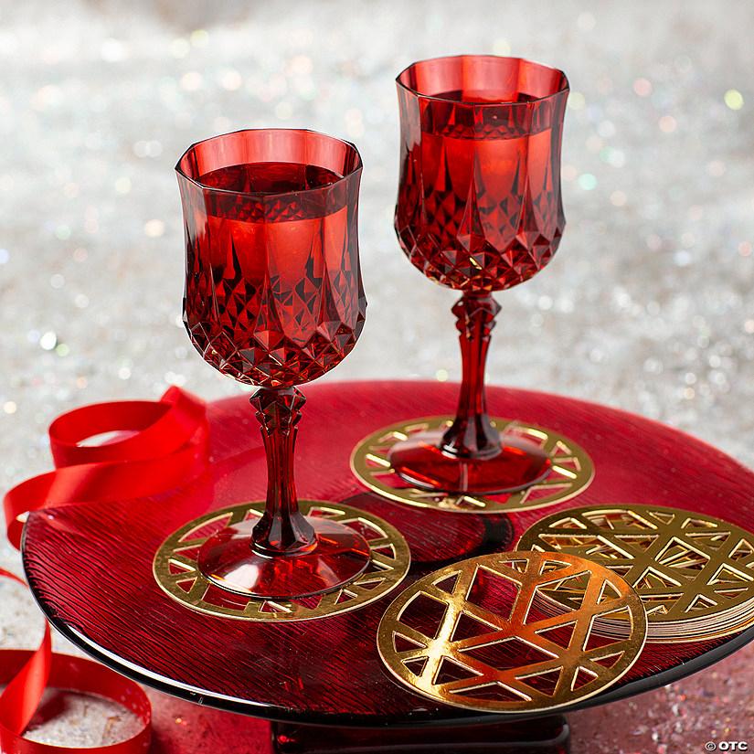 Red Patterned Plastic Wine Glasses with Gold Metallic Laser Cut Coasters - 24 Pc. Image