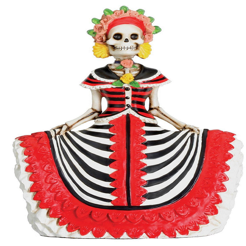 Red Senorita Skeleton Woman Wearing Dress Day of the Dead Statuette Figurine New Image