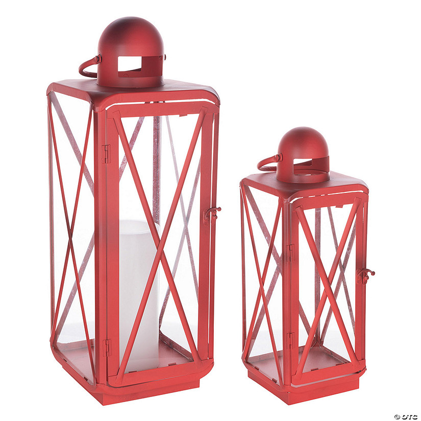 Red Traditional Curved Metal Lantern (Set Of 2) 16.75"H, 23"H Metal Image
