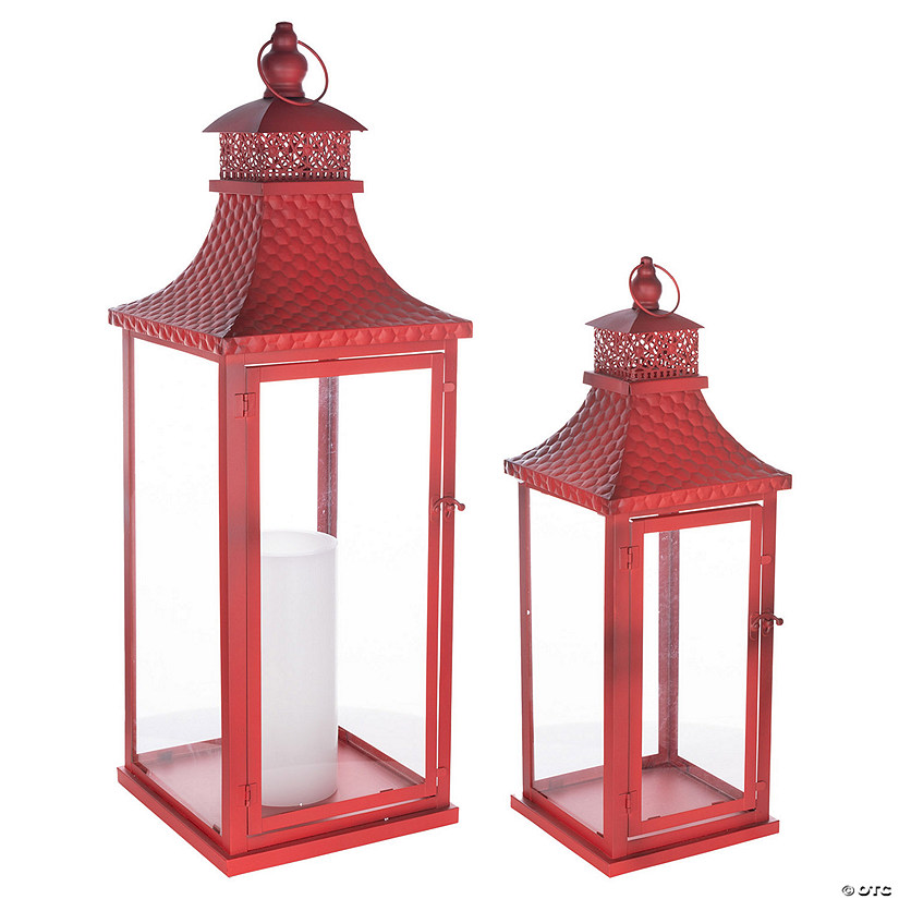 Red Traditional Lantern With Hammered Metal Lid (Set Of 2) 20"H, 27.5"H Metal Image