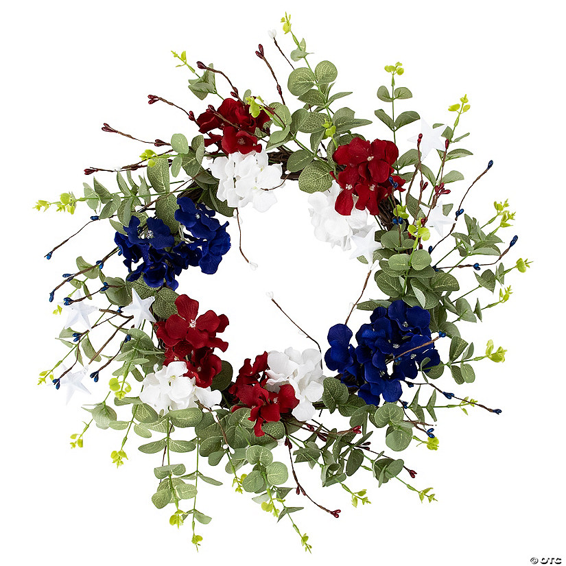 Red  white and Blue Hydrangea and Eucalyptus Patriotic Artificial Wreath Image