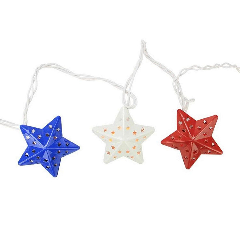 Red, White and Blue Metal Star 4th of July Patio Christmas Lights - White Wire, Set of 10 Image