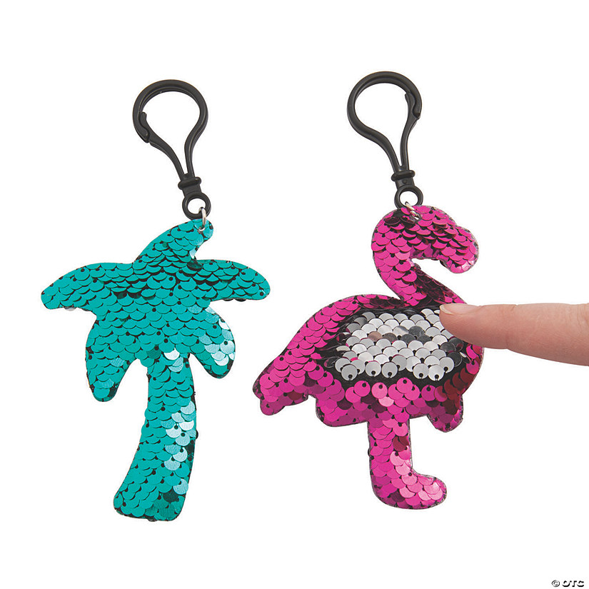 Reversible Sequin Tropical Backpack Clip Keychains - 12 Pc. Image