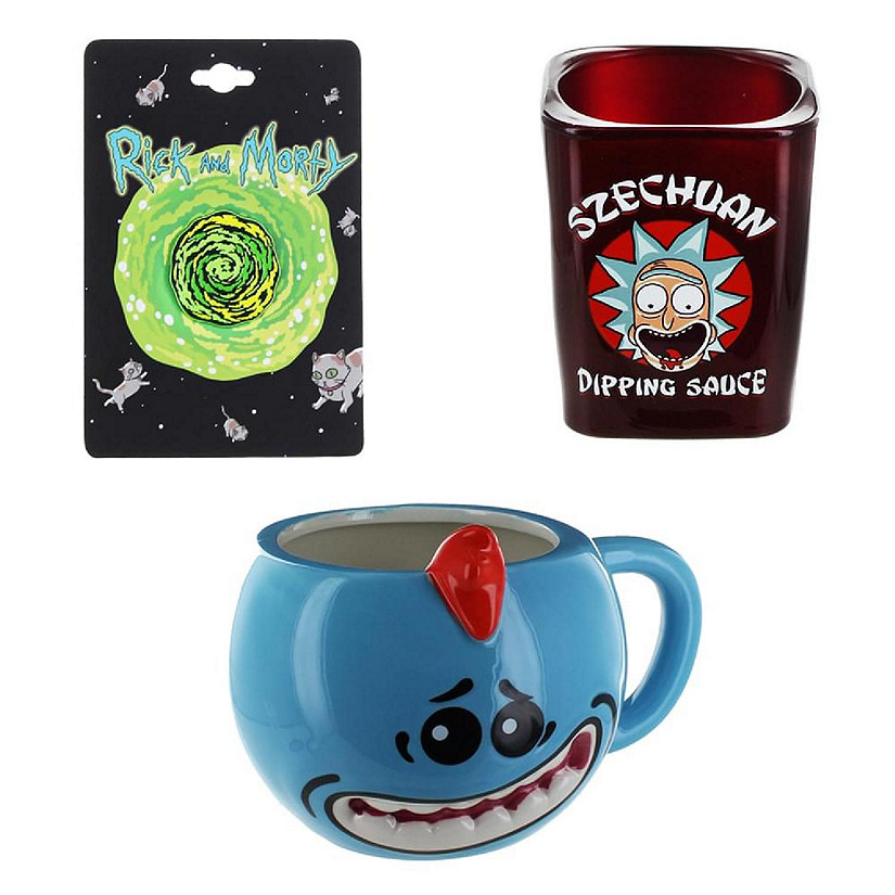 Rick and Morty Portal Pin, Mr. Meeseeks Molded Mug & Szechuan Dipping Sauce Shot Glass Bundle Image