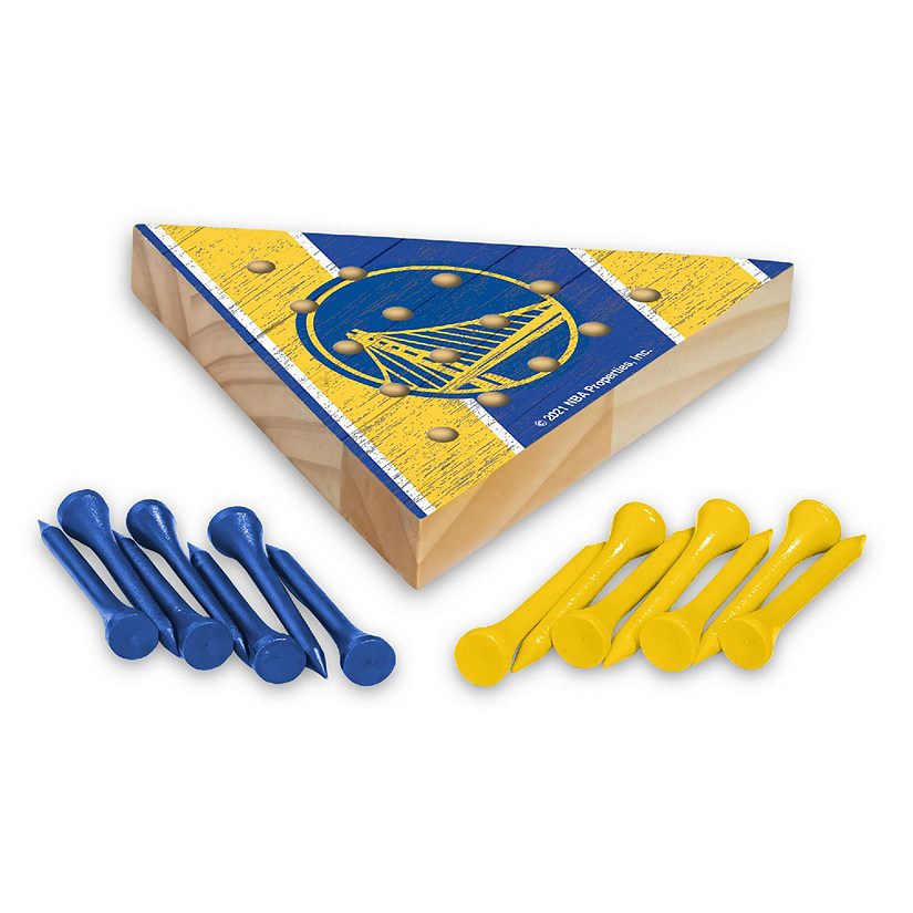 Rico Industries NBA Basketball Golden State Warriors  4.5" x 4" Wooden Travel Sized Pyramid Game - Toy Peg Games - Triangle - Family Fun Image