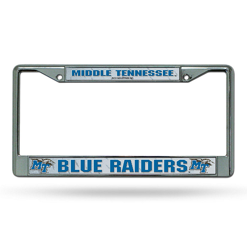 Rico Industries NCAA  Middle Tennessee Blue Raiders  12" x 6" Chrome Frame With Decal Inserts - Car/Truck/SUV Automobile Accessory Image