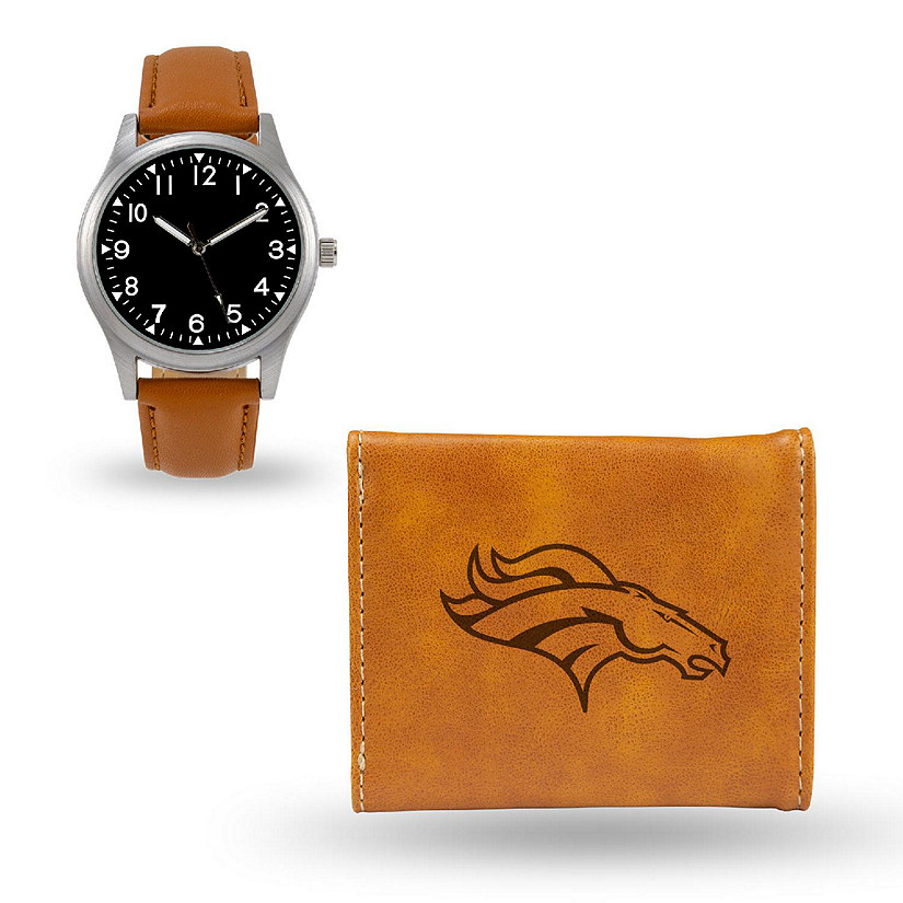 Rico Industries NFL  Denver Broncos   Brown Generic Watch and Team Logo Tri-Fold Wallet - Great Men's Gift Item Image