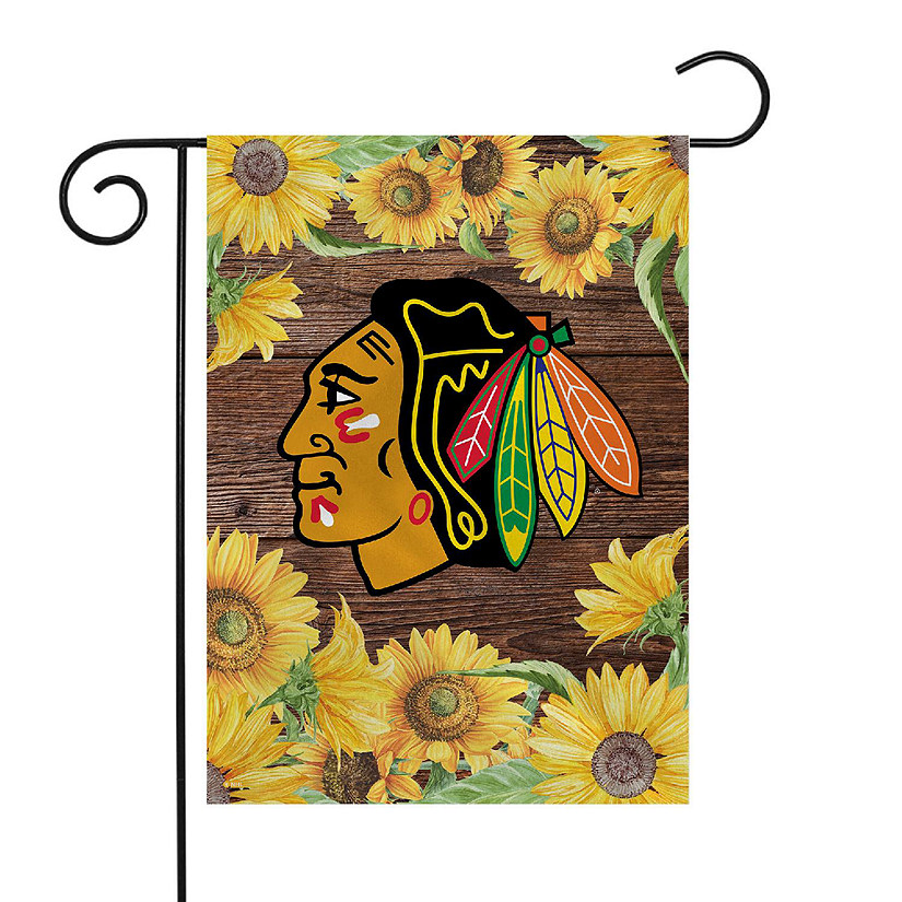 Rico Industries NHL Hockey Chicago Blackhawks Sunflower Spring 13" x 18" Double Sided Garden Flag Image