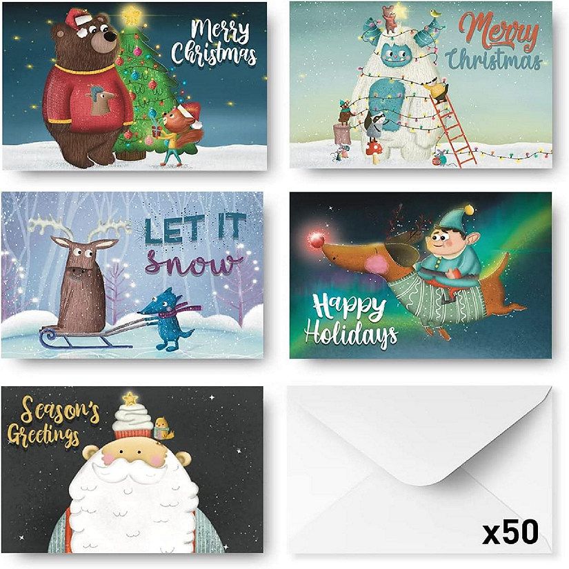 Rileys & Co 50 Assorted Christmas Cards Boxed With Envelopes, 5 Glittery Designs with Holiday Messages and Season's Greetings, 4 x 6 Inches Image