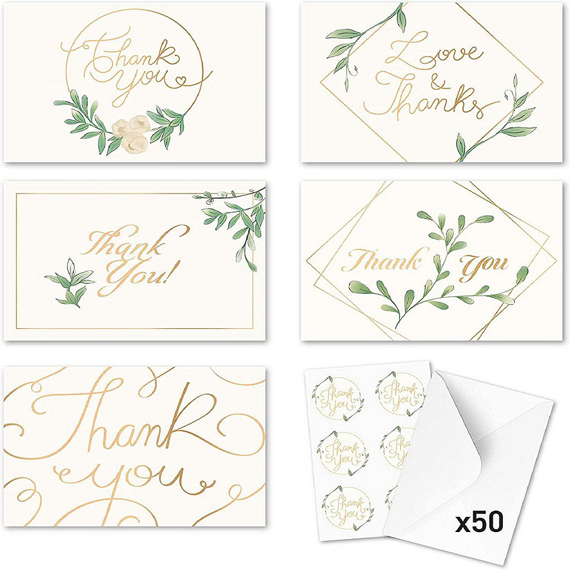 Rileys & Co Thank You Wedding Cards, Gold Foil, Classic 50 Wedding Cards, with Stickers & Envelopes Image
