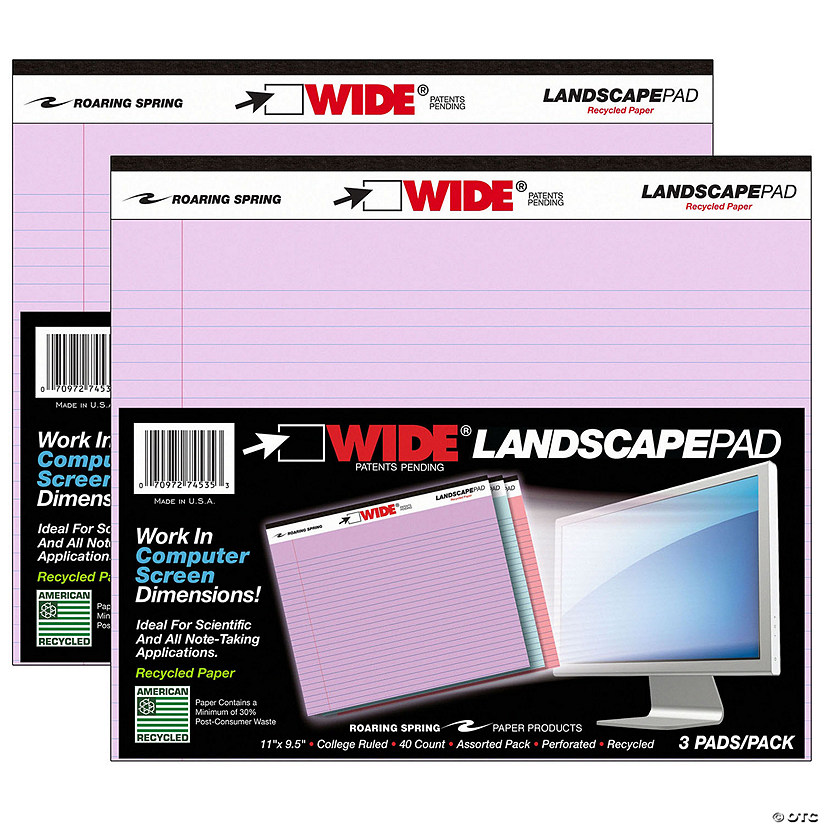 Roaring Spring Paper Products Legal Pad, Landscape, Orchid/Blue/Pink, 3 Per Pack, 2 Packs Image