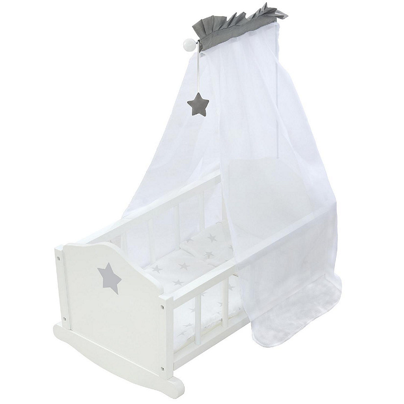 Roba Doll Cradle Set: Stella - Star, Gray &amp; White - Includes Hanging Mobile Image