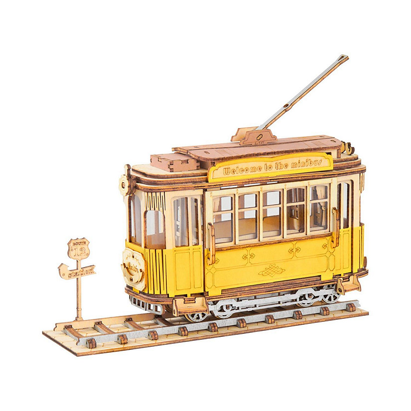 Robotime DIY 3D Transportation Wooden Model - Tramcar Building Kits with Tracks - Toy Gift for Children Image