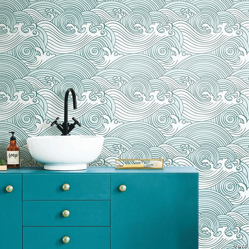 RoomMates Asian Waves Peel and Stick Wallpaper - Teal Image