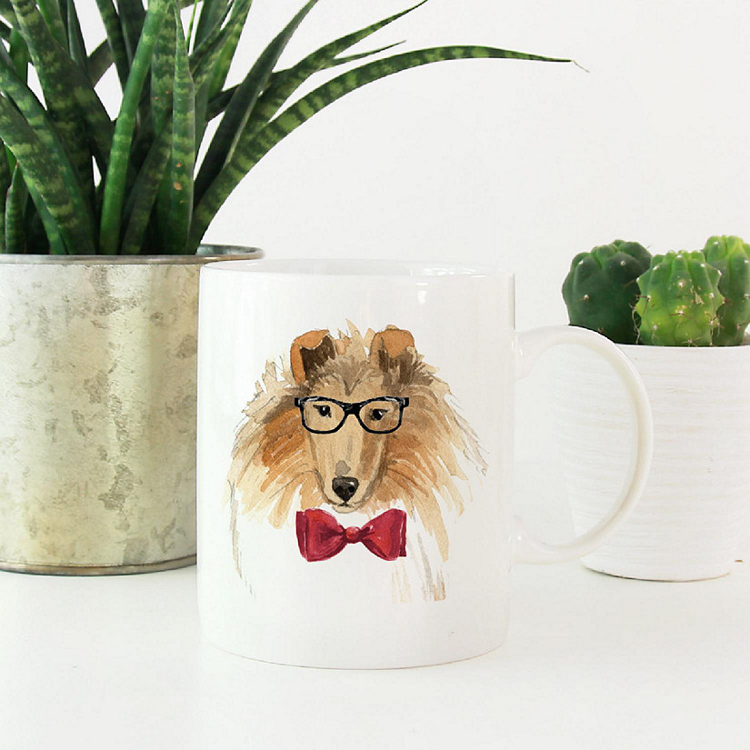 Rough Collie Glasses Red Bow Ceramic Mug Image