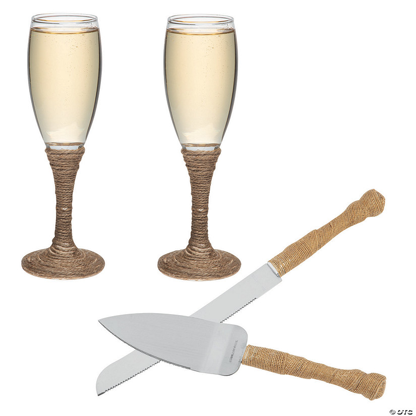 Rustic Wedding Toasting Champagne Flutes & Cake Server Set - 4 Pc. Image